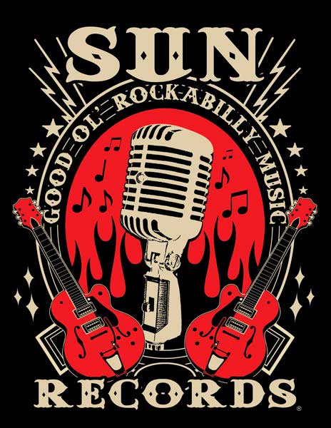 Sun Records logo with a microphone and guitars on a black background
