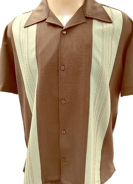 Brown and green striped shirt on a mannequin with a white background