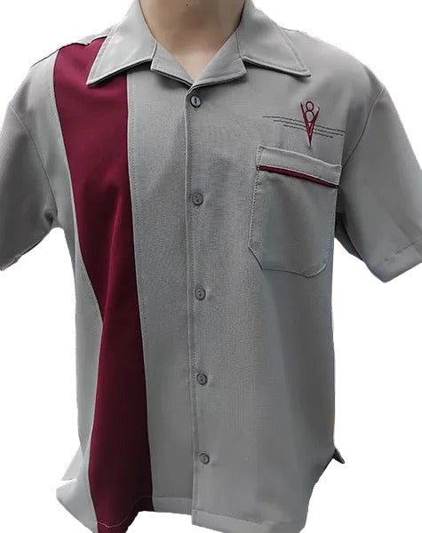 Grey and burgudy short-sleeve shirt with a v8 logo on a mannequin.