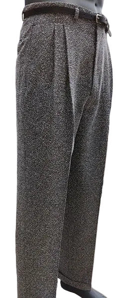 Gray textured pants on a person with white background