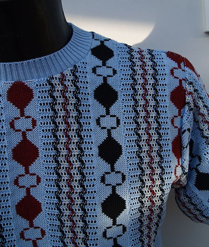 Cable Knit Top - Sky Blue/Claret/Black Eyelet