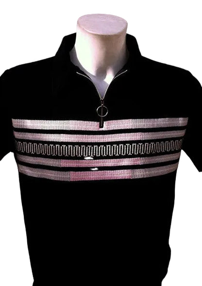 Black jacket with pink and white striped design on a mannequin against a white background