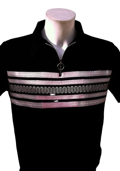 Black jacket with pink and white striped design on a mannequin against a white background