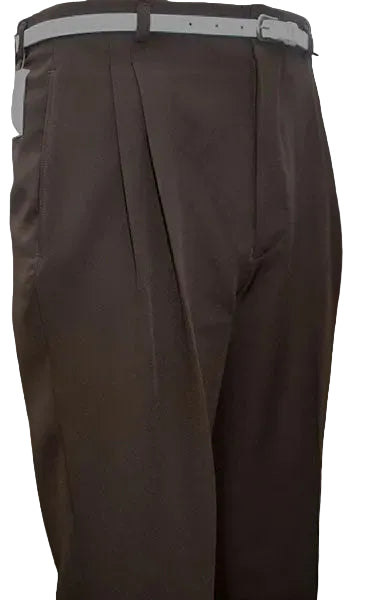Brown pleated pants with a belt on a blurred background