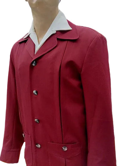 Red hollywood jacket on a mannequin with a white shirt collar.