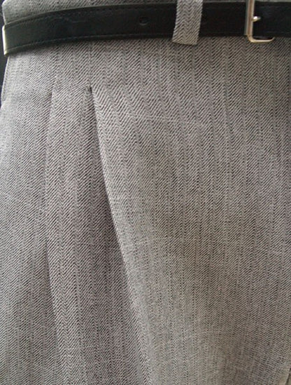 High Waisted Trousers - Pale Grey Herringbone