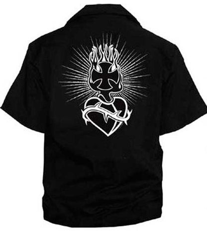 Black shirt with white graphic design on the back