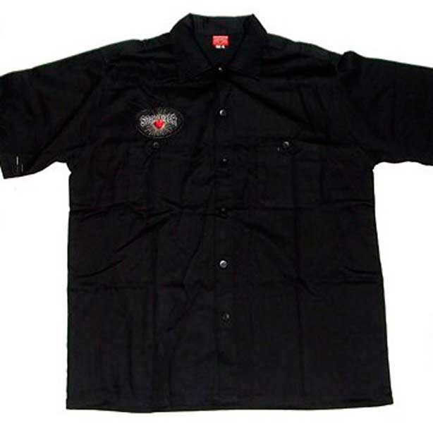 Black shirt with a logo on a white background