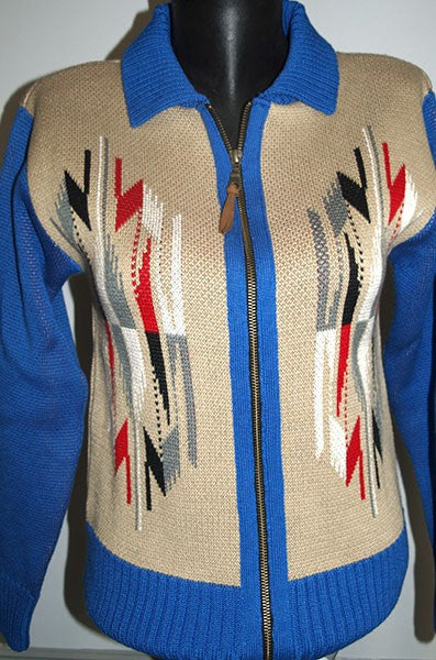 Ladies Santa Fe Chimayo Knitted Zipper Jacket - Blue/Sand