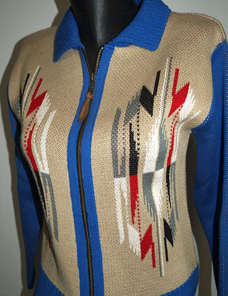 Ladies Santa Fe Chimayo Knitted Zipper Jacket - Blue/Sand