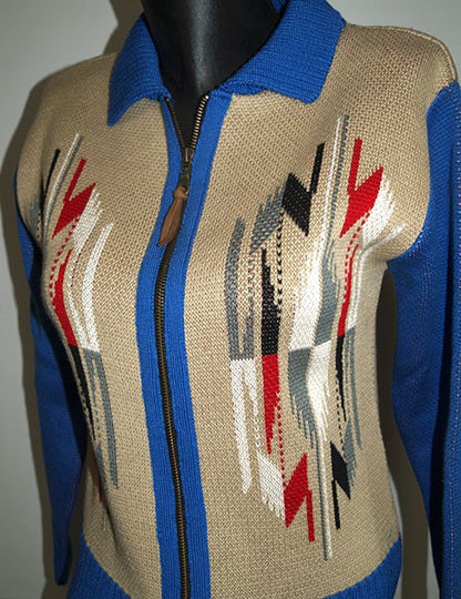Ladies Santa Fe Chimayo Knitted Zipper Jacket - Blue/Sand