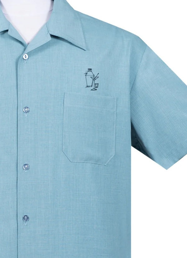 Steady Clothing - Palm Springs Cocktail Bowling Shirt - Pale Blue Aqua