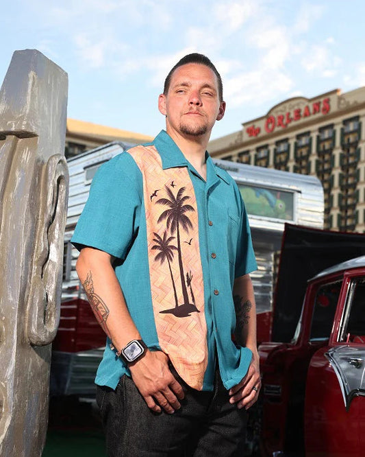 Steady Clothing - Hula Palm Bowling Shirt - Pacific Blue