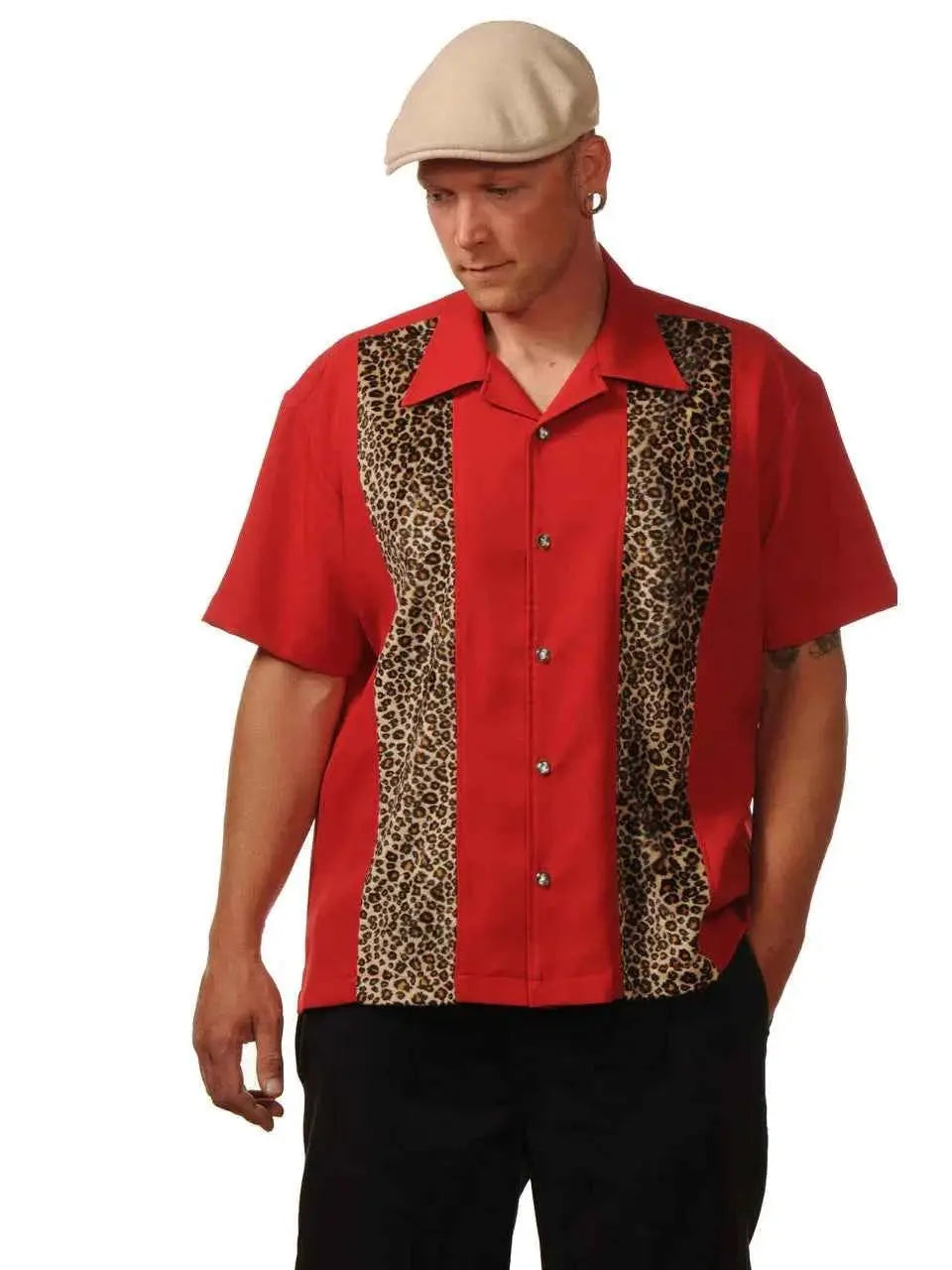 Man wearing a red shirt with leopard print accents and a beige cap on a white background
