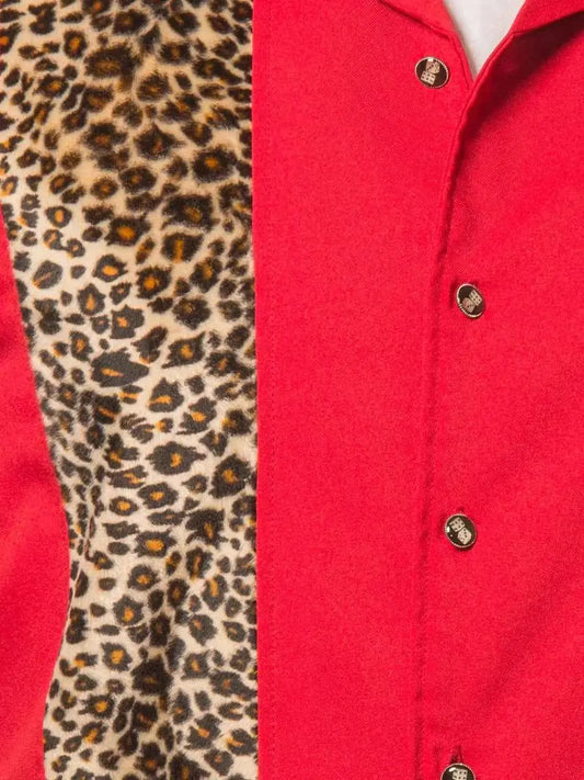 Red shirt with leopard print sleeve and visible buttons
