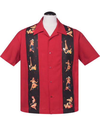 Steady Clothing - Red Multi Pinup Panel Bowling Shirt