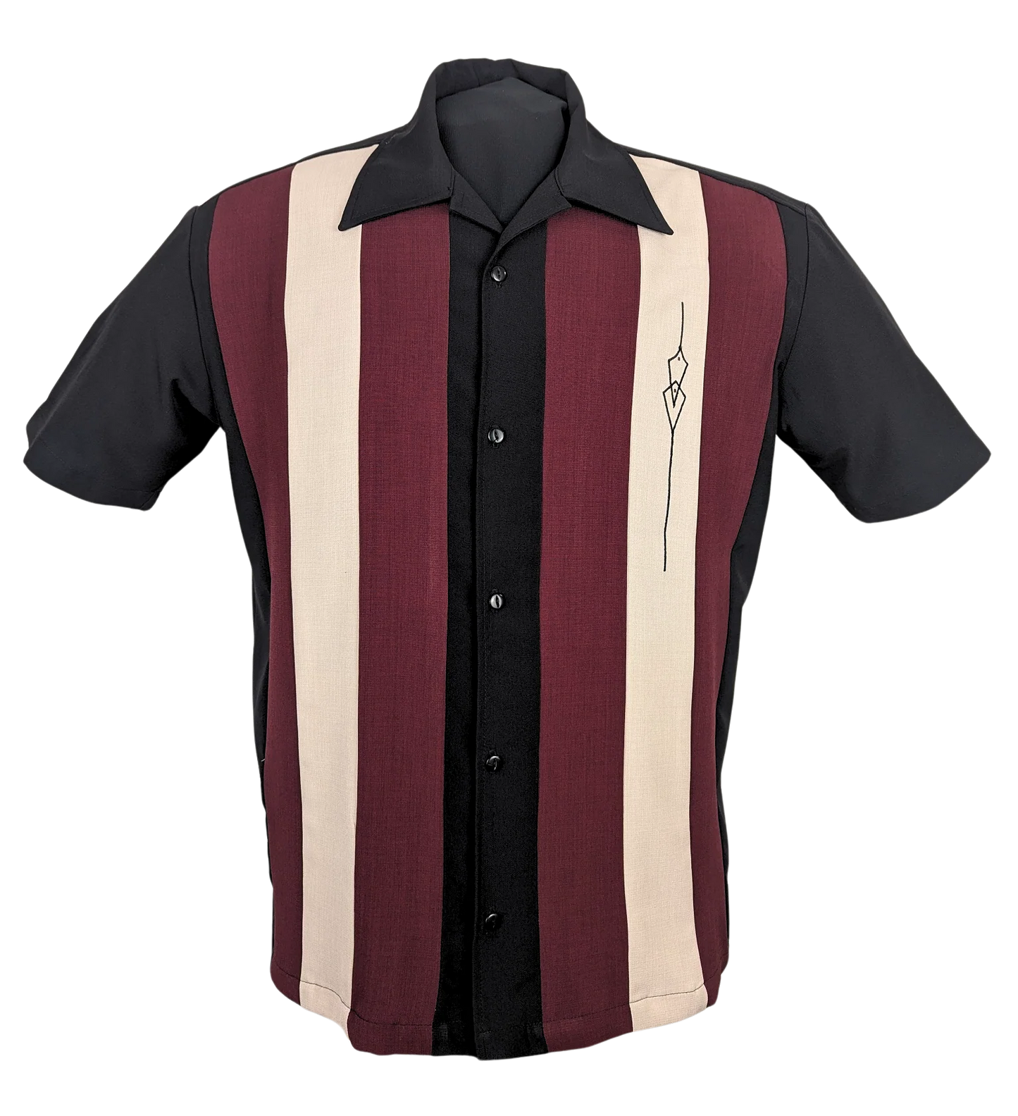Short-sleeve shirt with maroon, black, and beige vertical stripes on a white background
