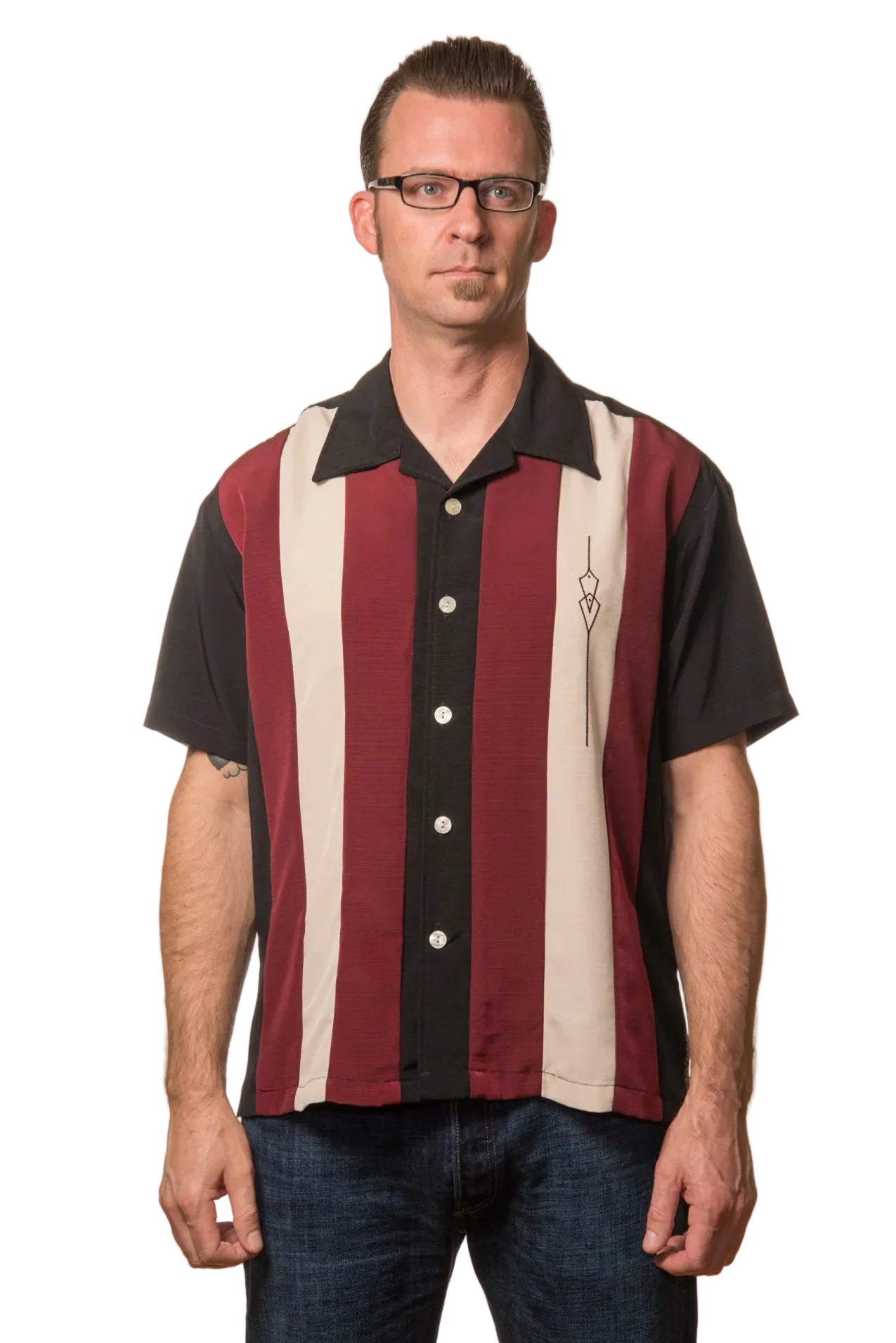 Man wearing a striped shirt with black, red, and beige colors on a white background