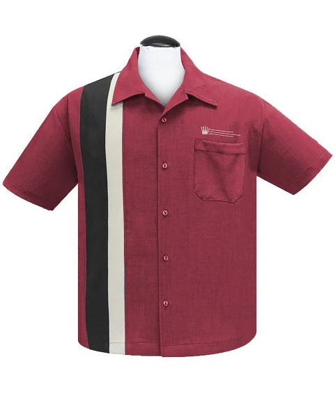 Red shirt with black and white stripe on a mannequin against a white background
