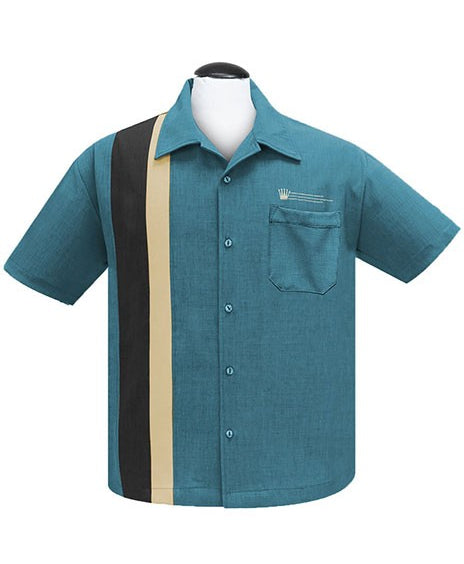 Teal button-up shirt with black and beige stripe on a mannequin against a white background
