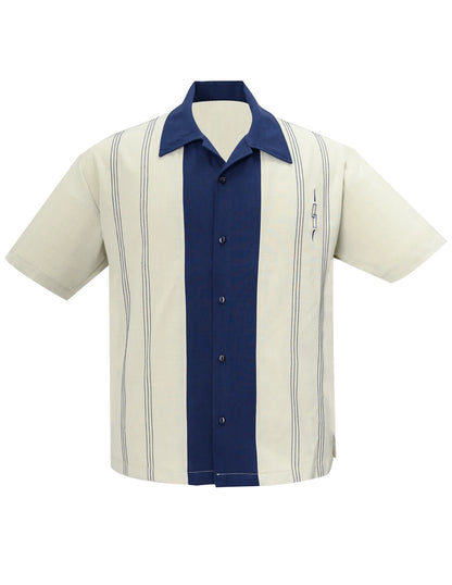 Steady Clothing - The Harper Bowling Shirt - Stone & Navy