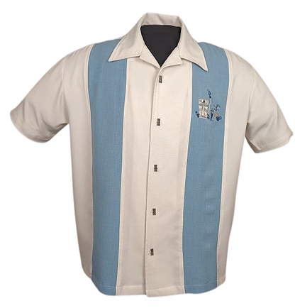 Steady Clothing - The Mickey Bowling Shirt - Cream with Aqua