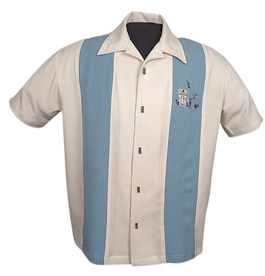 Steady Clothing - The Mickey Bowling Shirt - Cream with Aqua