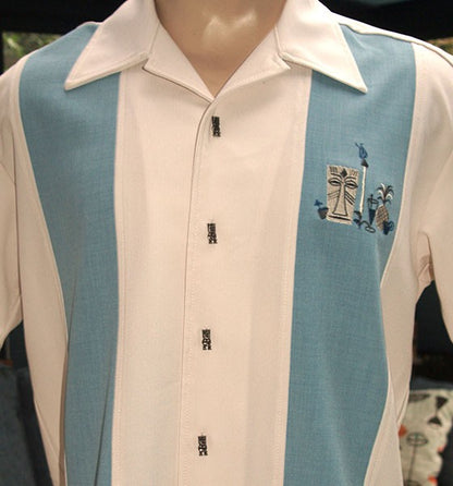Steady Clothing - The Mickey Bowling Shirt - Cream with Aqua