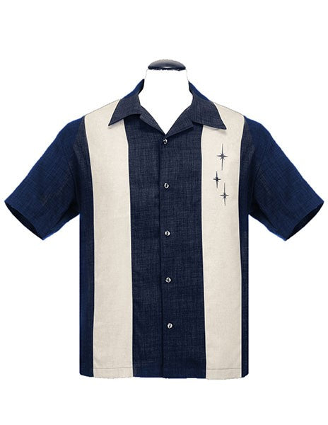 Steady Clothing - Three Star Panel Bowling Shirt - Denim Blue/Cream