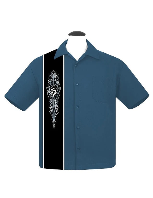 Steady Clothing - V8 Racer Bowling Shirt - Denim/Black/White