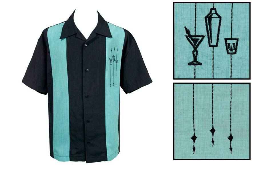 Black and teal shirt with cocktail-themed design on a white background