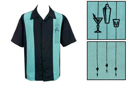 Black and teal shirt with cocktail-themed design on a white background