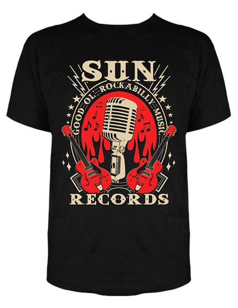 Black t-shirt with 'Sun Records' graphic featuring a microphone and guitars on a white background