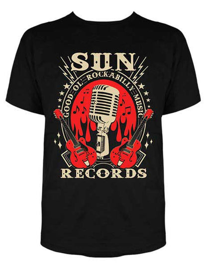 Black t-shirt with 'Sun Records' graphic featuring a microphone and guitars on a white background