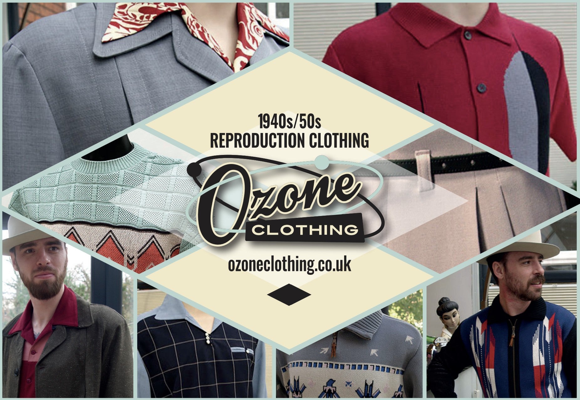 Promotional image for Ozone Clothing featuring 1940s/50s reproduction clothing.