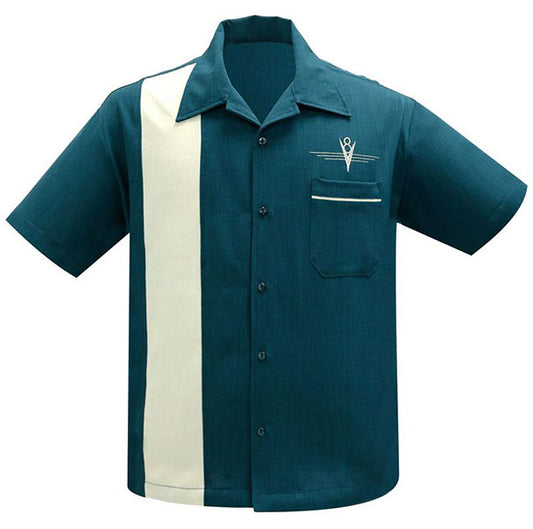 Blue and white striped shirt with a logo on a white background